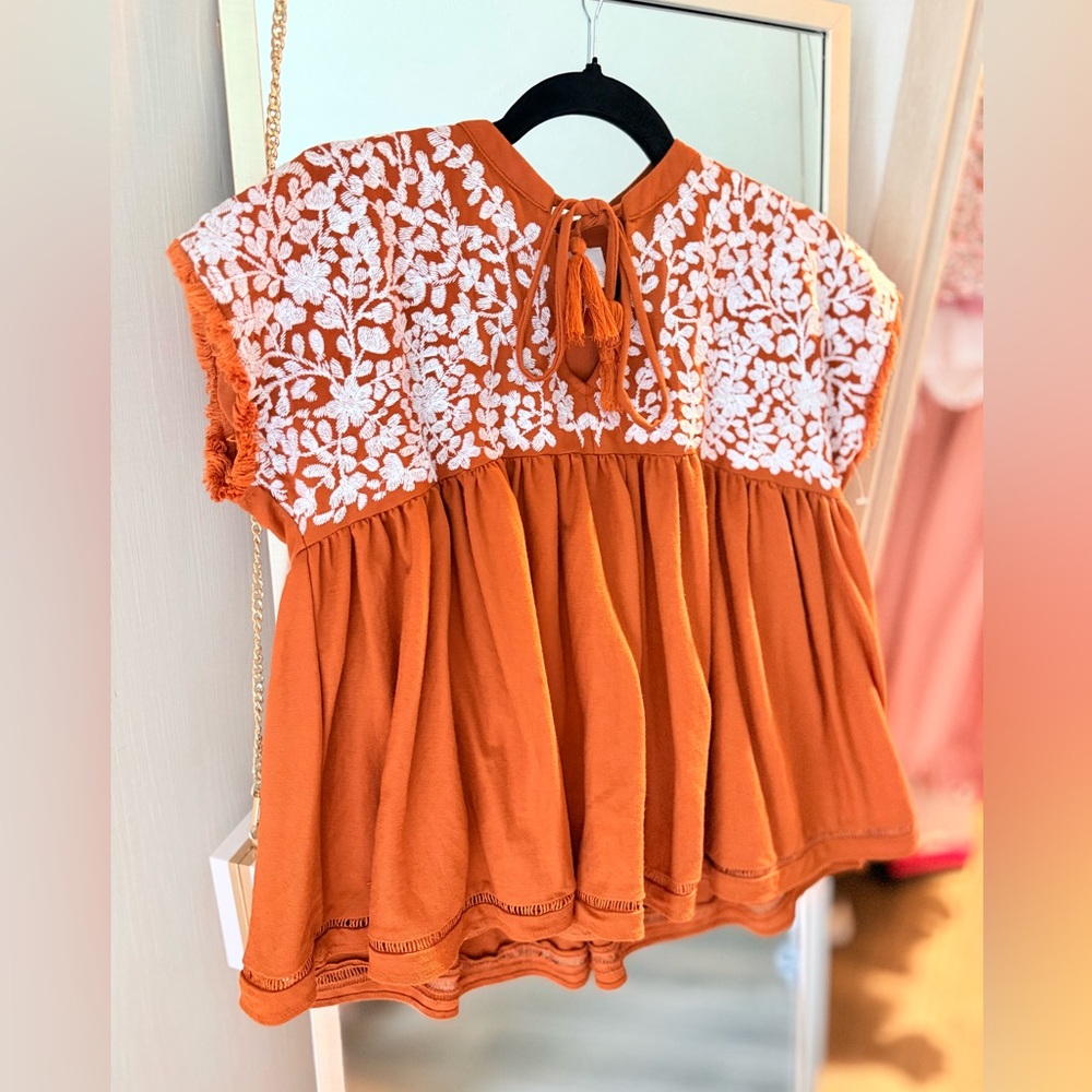 Elegant Floral Embroidered Blouse in Rust